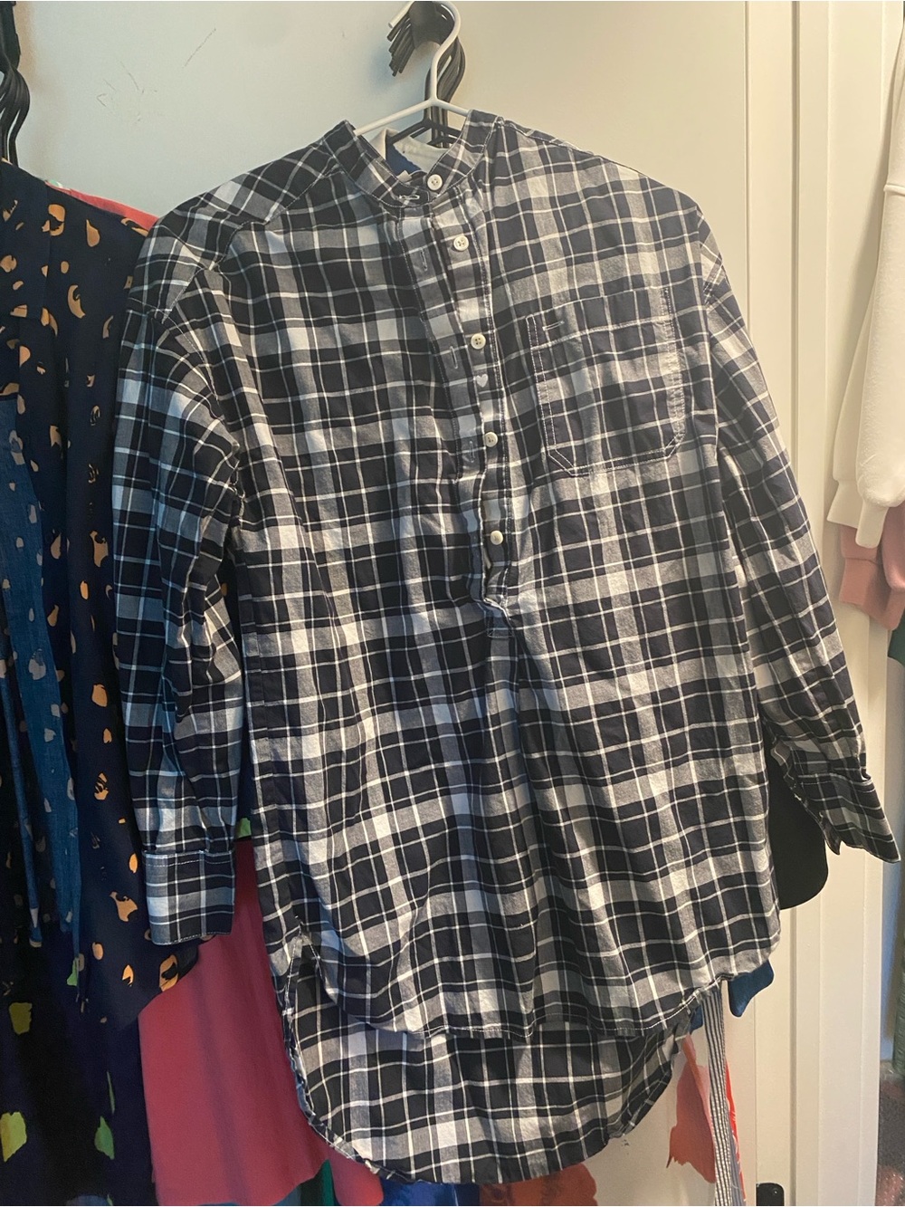 Alex Mill Navy and White Plaid Band-Collar Button-Down Shirt